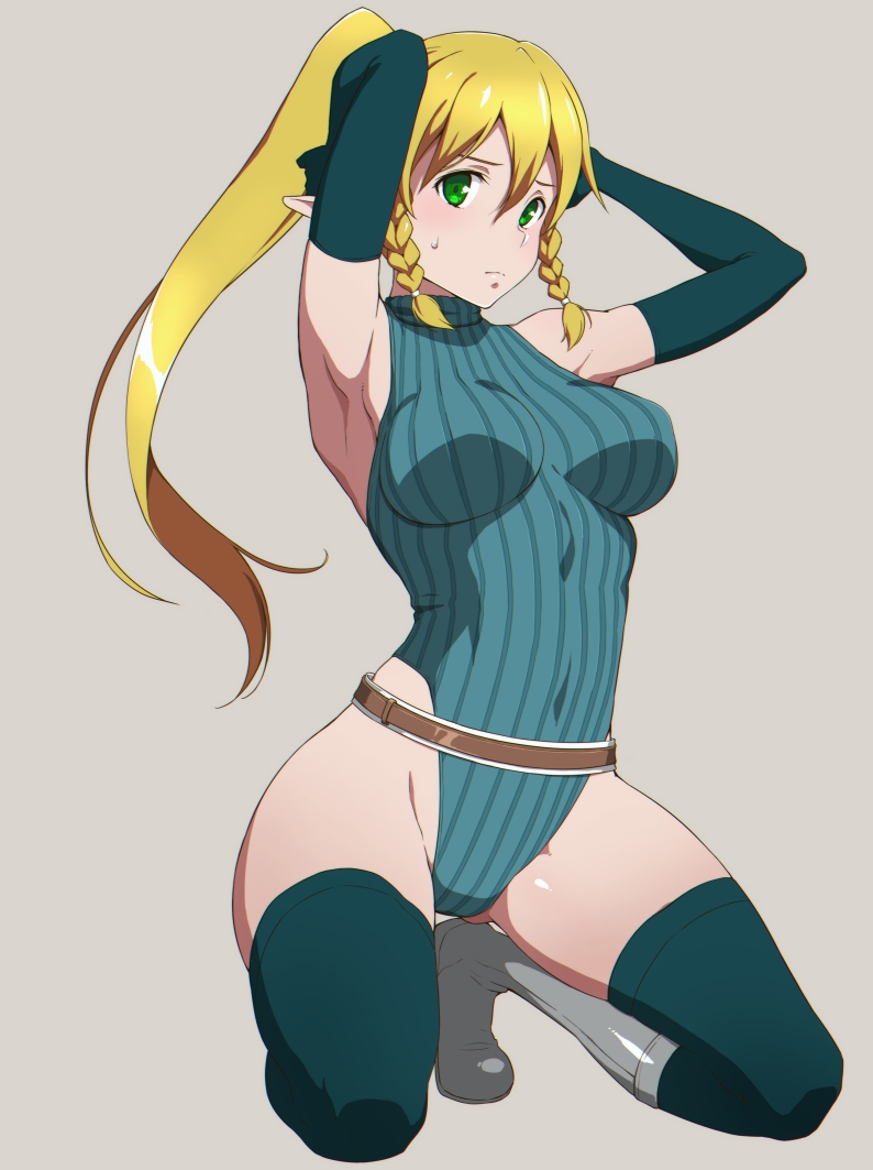 1girl armpits ass_visible_through_thighs bangs bare_shoulders belt blonde_hair blue_gloves blue_legwear blue_leotard blush boots braid breasts elbow_gloves elf eyebrows gloves green_eyes grey_background kneeling leafa leotard long_hair looking_at_viewer medium_breasts nervous pointy_ears ponytail puge shiny shiny_hair shiny_skin simple_background solo striped striped_leotard sweatdrop sword_art_online thigh-highs thighs twin_braids very_long_hair wide_hips