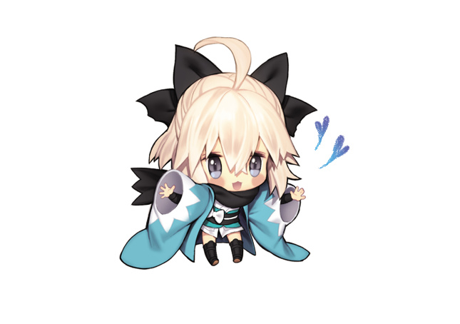 1girl ahoge bangs black_bow black_scarf blonde_hair blue_heart blush bow chibi commentary_request fate/grand_order fate/type_redline fate_(series) full_body hair_bow hands_up heart japanese_clothes kimono koha-ace looking_at_viewer mandrill okita_souji_(fate) okita_souji_(koha-ace) open_mouth scarf short_hair simple_background smile solo thigh-highs white_background yellow_eyes