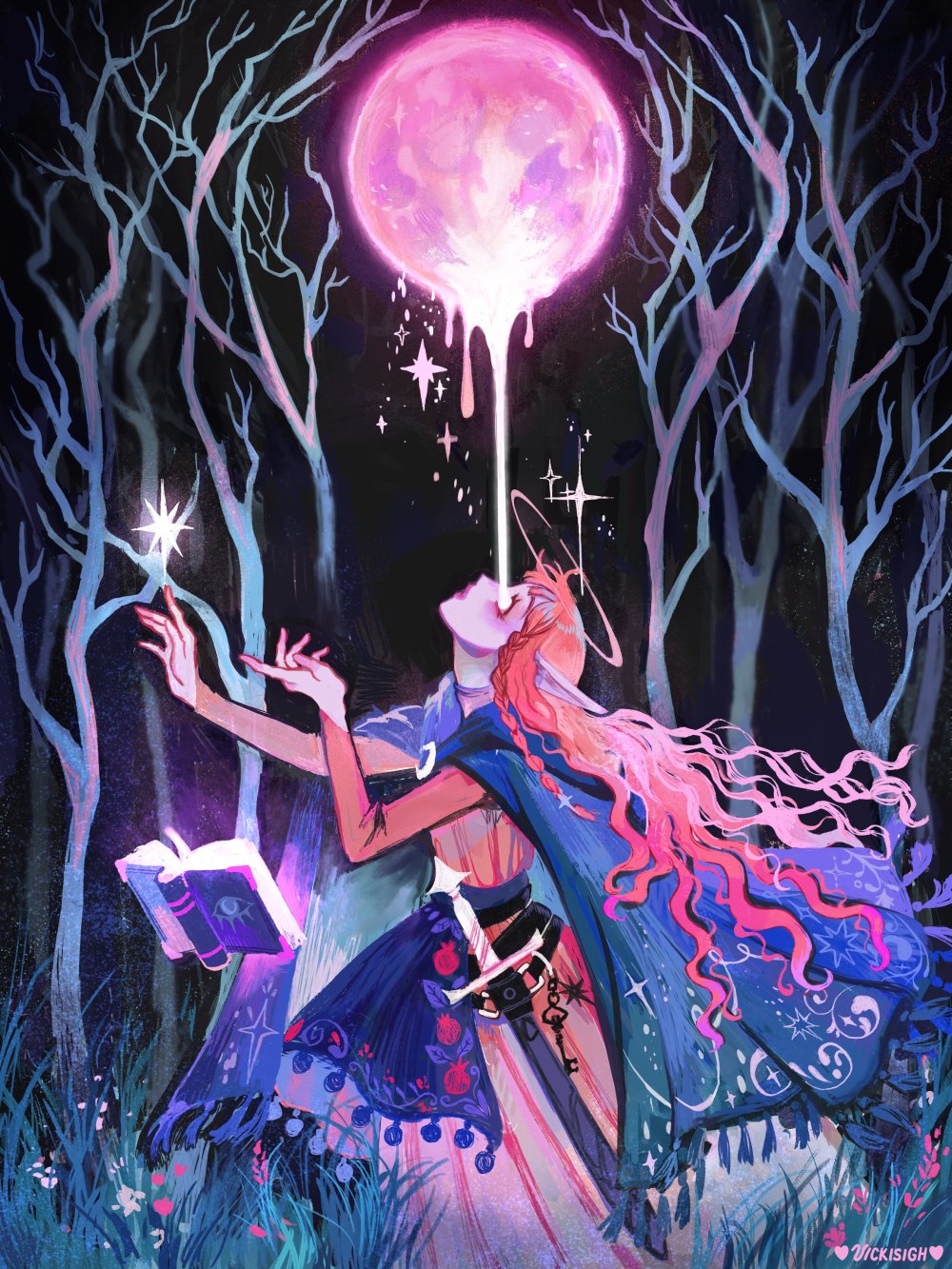 1girl artist_name bangs blank_eyes book braid brooch cape curly_hair dress dripping floating floating_book floating_object full_moon grass halo highres jewelry lips long_hair long_sleeves looking_up magic moon night original pink_dress pink_hair pointy_ears scabbard sheath side_braid solo sparkle standing sword tree very_long_hair vicki_tsai weapon