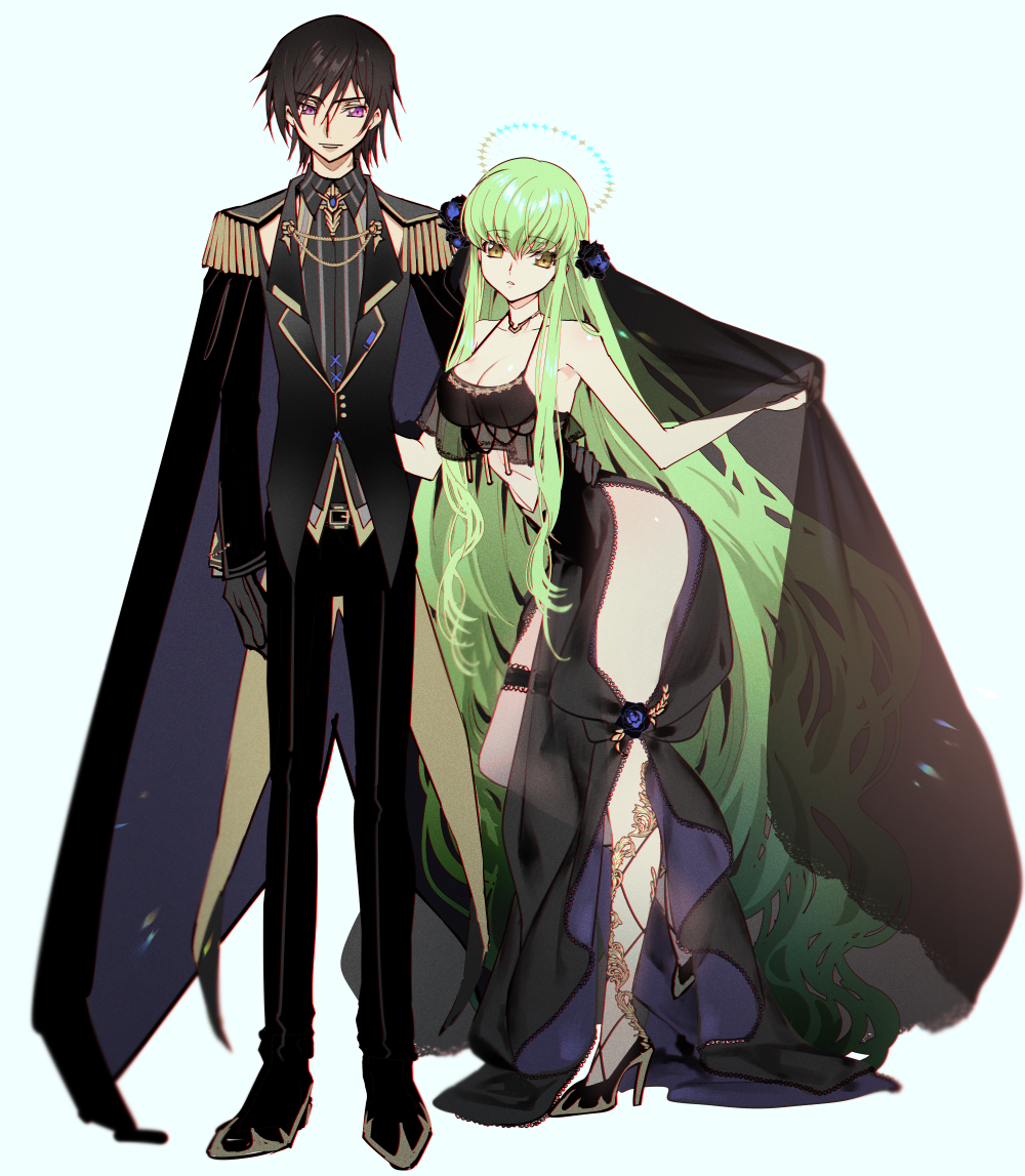 1boy 1girl absurdly_long_hair bangs bare_hips bare_legs belt_buckle black_dress black_hair black_jacket black_pants brown_eyes buckle c.c. code_geass collared_shirt creayus dress eyebrows_visible_through_hair full_body gloves green_hair grey_gloves hair_between_eyes hand_on_another's_hip high_heels jacket lelouch_lamperouge long_hair long_sleeves looking_at_viewer midriff pants pumps revealing_clothes shiny shiny_hair shiny_skin shirt short_hair simple_background sketch standing stomach straight_hair striped striped_shirt veil vertical-striped_shirt vertical_stripes very_long_hair violet_eyes white_background wing_collar