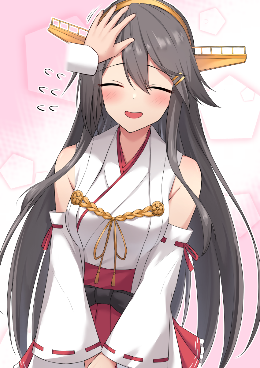 1girl 1other akahi242 black_hair detached_sleeves hair_ornament hairband hairclip haruna_(kancolle) headgear highres kantai_collection long_hair looking_at_viewer petting red_skirt ribbon-trimmed_sleeves ribbon_trim skirt smile solo_focus upper_body v_arms