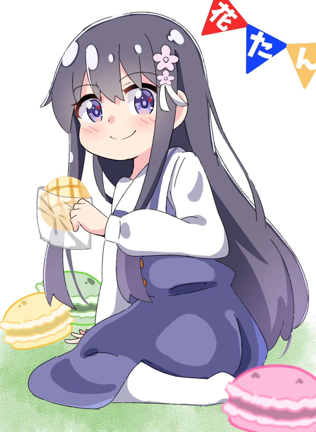 1girl bangs black_hair blue_dress blue_eyes blush bread closed_mouth commentary_request dress eyebrows_visible_through_hair flower food hair_between_eyes hair_flower hair_ornament highres holding holding_food kapuru_0410 long_hair long_sleeves looking_at_viewer macaron no_shoes pantyhose pennant pink_flower puffy_long_sleeves puffy_sleeves school_uniform shirosaki_hana shirt sleeveless sleeveless_dress smile solo string_of_flags translation_request very_long_hair watashi_ni_tenshi_ga_maiorita! white_legwear white_shirt