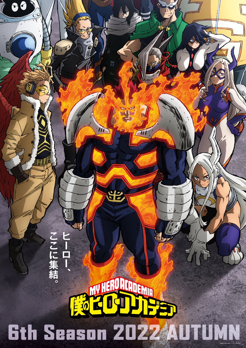 2girls 6+boys armor beard black_hair blue_bodysuit blue_eyes bodysuit boku_no_hero_academia breasts brown_pants character_request copyright_name covered_abs endeavor_(boku_no_hero_academia) eraser_head_(boku_no_hero_academia) facial_hair feathered_wings fiery_hair fire from_above frown full_body hawks_(boku_no_hero_academia) heroaca_anime highres horns jacket large_pectorals looking_at_viewer mature_male mirko multiple_boys multiple_girls muscular muscular_male official_art open_clothes open_jacket pants pauldrons pectorals promotional_art red_wings redhead scar scar_across_eye scar_on_face short_hair shoulder_armor sideburns spiky_hair stubble sunglasses thick_eyebrows thick_thighs thighs translation_request vambraces white_hair wings