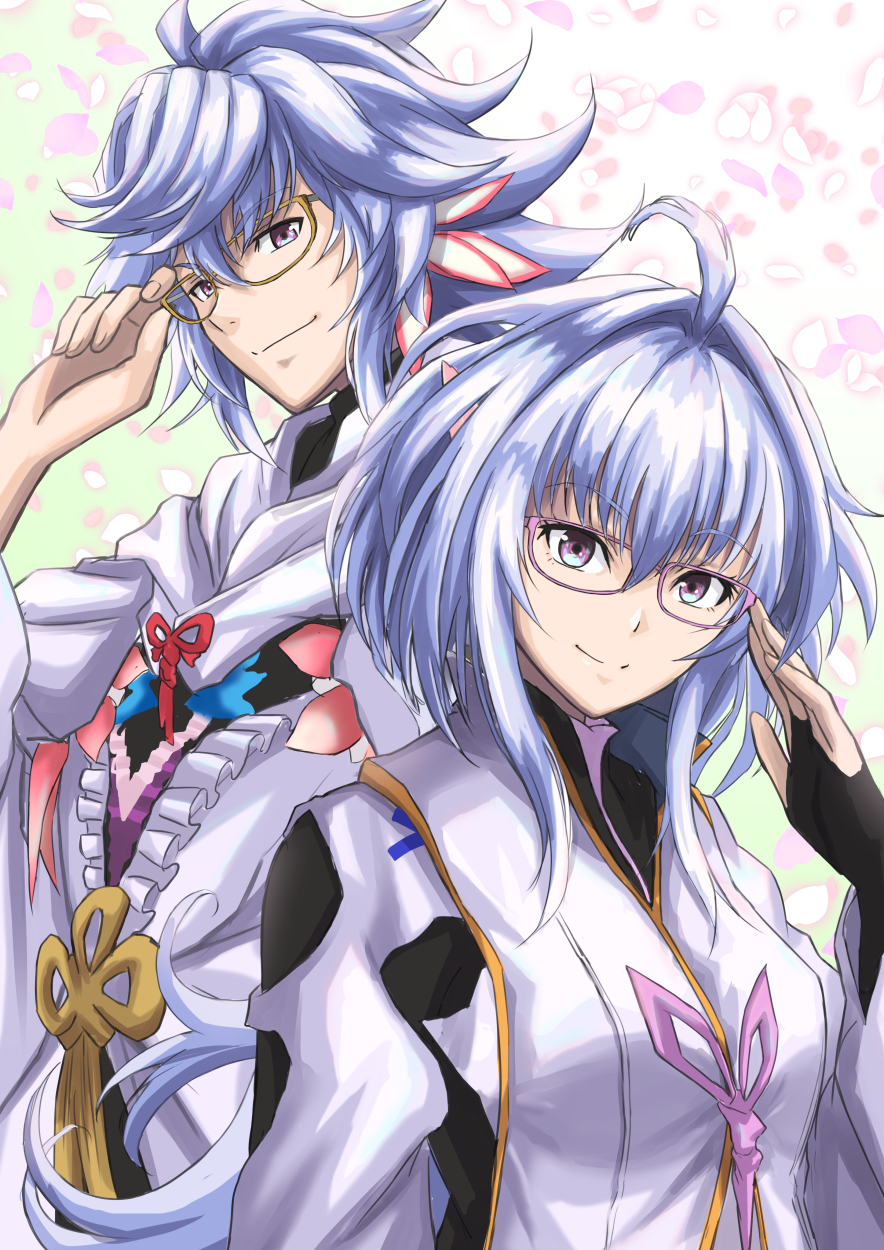 1boy 1girl ahoge bangs black_gloves breasts fate/grand_order fate/prototype fate_(series) fingerless_gloves glasses gloves highres ksfactory long_hair long_sleeves looking_at_viewer medium_breasts merlin_(fate) merlin_(fate/prototype) smile very_long_hair violet_eyes white_hair white_robe wide_sleeves