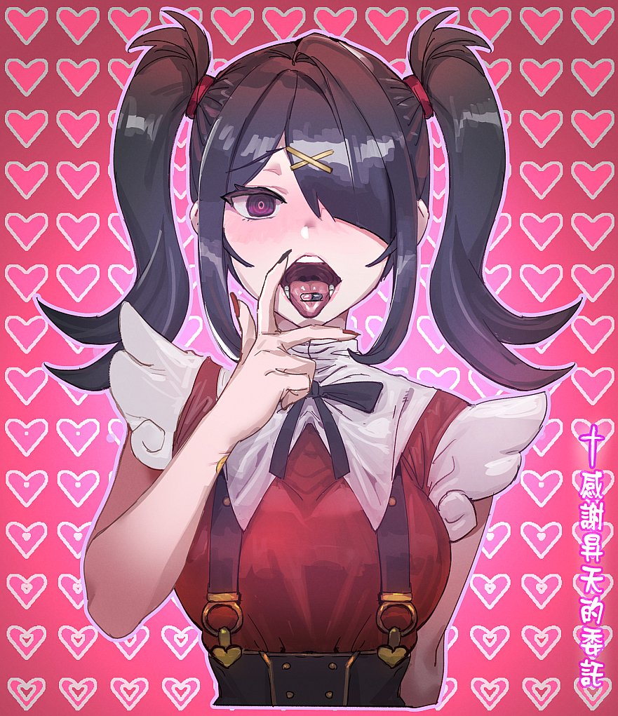 1girl @_@ ame-chan_(needy_girl_overdose) bangs black_hair black_ribbon blush bow_(bhp) cunnilingus_gesture diagonal_bangs drugs hair_ornament hair_over_one_eye hairclip hand_up heart heart_background looking_at_viewer neck_ribbon needy_girl_overdose one_eye_covered pill_on_tongue red_shirt ribbon shirt solo tongue tongue_out twintails upper_body violet_eyes x_hair_ornament