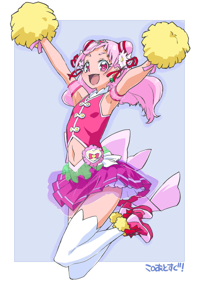 1girl :d clothing_cutout commentary_request cure_yell highres hugtto!_precure looking_at_viewer magical_girl miyagoe_yoshitsuki navel navel_cutout nono_hana pink_eyes pink_hair pink_skirt precure skirt smile solo thigh-highs white_legwear zettai_ryouiki
