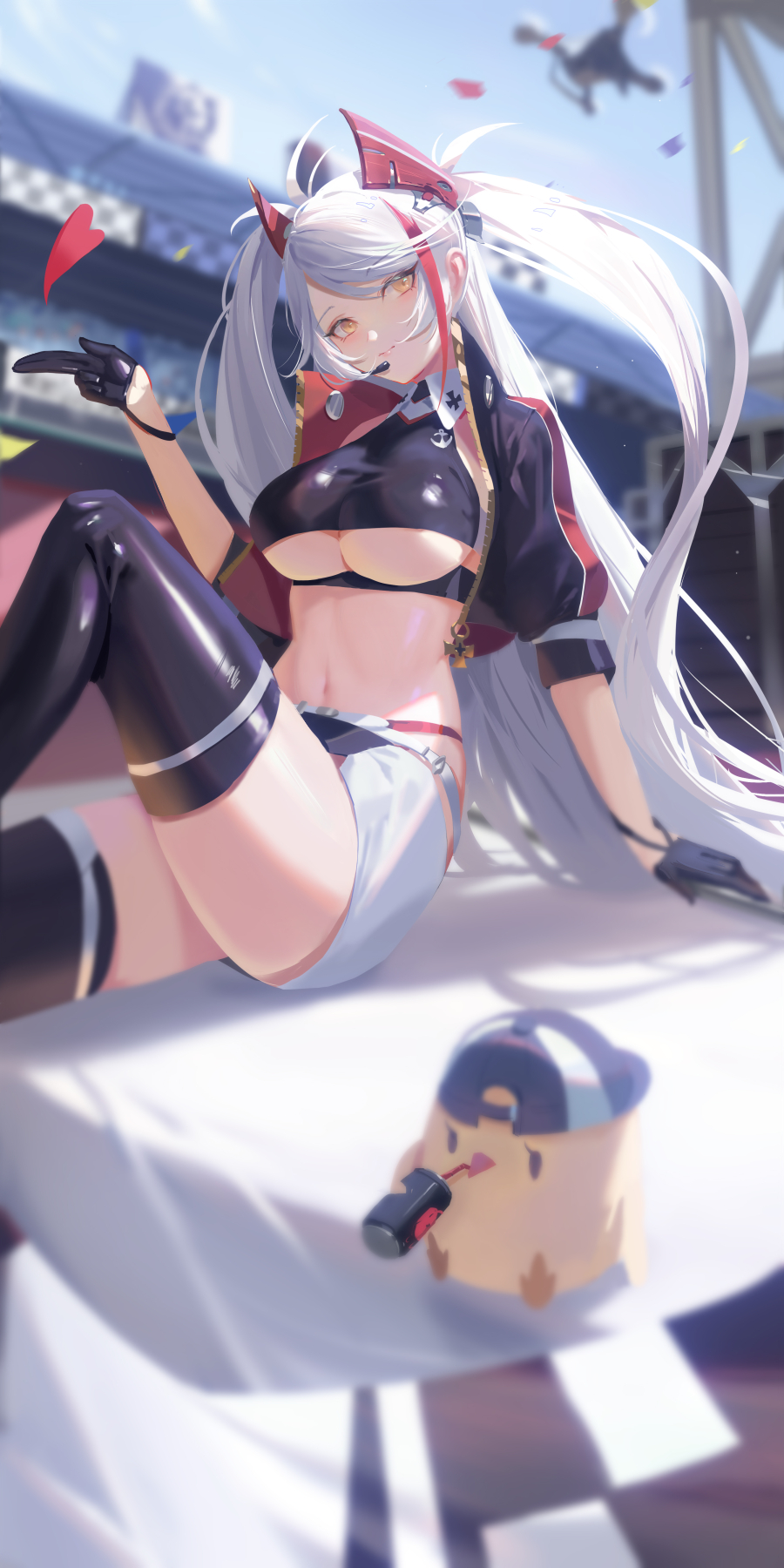 1girl azur_lane bangs blue_sky breasts chinese_commentary closed_mouth clouds commentary_request eyebrows_visible_through_hair hair_between_eyes highres light_smile looking_at_viewer manjuu_(azur_lane) midriff mixed-language_commentary navel outdoors partial_commentary prinz_eugen_(azur_lane) prinz_eugen_(final_lap)_(azur_lane) sansan_(dongfangzhong111) shadow sidelocks sitting skindentation sky thigh-highs under_boob zettai_ryouiki