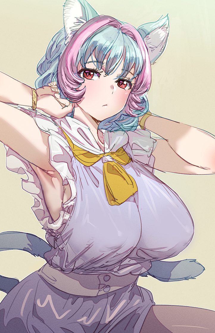 1girl animal_ear_fluff animal_ears armpits belt blue_hair blush bow_(bhp) bracelet breasts cat_ears cat_girl cat_tail closed_mouth dress jewelry large_breasts looking_at_viewer multicolored_hair original pink_hair purple_dress red_eyes revision simple_background sleeveless sleeveless_dress solo tail two-tone_hair