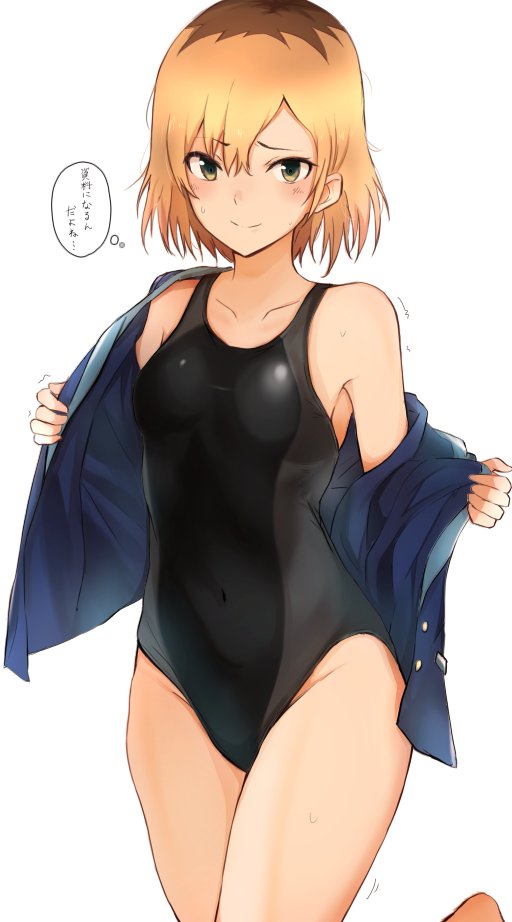 1girl amagami bare_shoulders black_swimsuit blonde_hair blue_jacket breasts brown_eyes check_commentary collarbone commentary_request competition_swimsuit cosplay covered_navel cowboy_shot embarrassed groin jacket leg_up long_sleeves looking_at_viewer medium_breasts miyamori_aoi nanasaki_ai nanasaki_ai_(cosplay) off_shoulder one-piece_swimsuit open_clothes open_jacket shirobako short_hair simple_background smile solo sweat swimsuit tahita1874 thighs thought_bubble undressing white_background