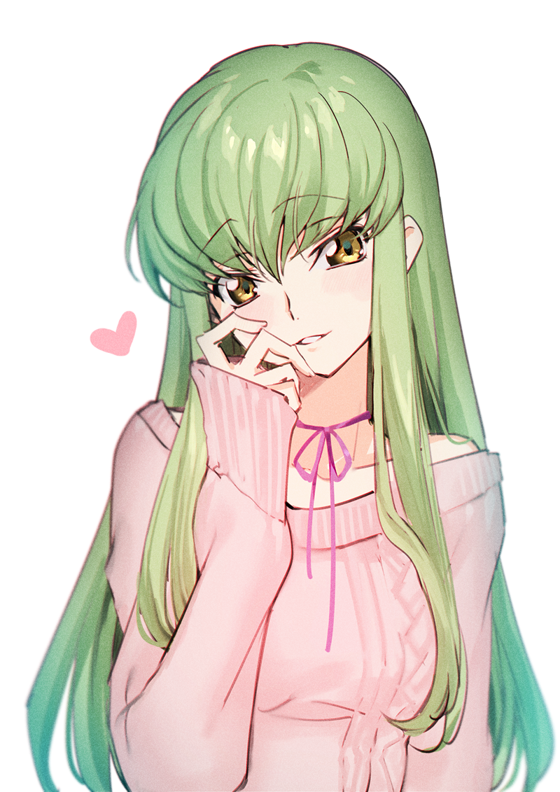1girl bangs bare_shoulders c.c. choker code_geass creayus eyebrows_visible_through_hair green_hair hand_on_own_face hand_up head_tilt heart long_hair long_sleeves looking_at_viewer off-shoulder_sweater off_shoulder parted_lips pink_choker pink_sweater ribbon_choker sidelocks simple_background sleeves_past_wrists smile solo sweater upper_body very_long_hair white_background yellow_eyes