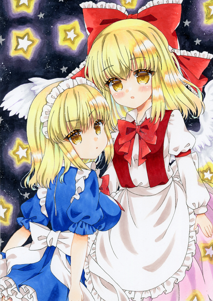 2girls :o apron back_bow blonde_hair blue_dress bow bowtie breasts collared_shirt dress eyebrows_visible_through_hair frilled_apron frilled_bow frills gengetsu_(touhou) hair_bow juliet_sleeves large_breasts long_sleeves looking_at_viewer looking_back maid maid_headdress marker_(medium) medium_breasts medium_hair mugetsu_(touhou) multiple_girls night night_sky pink_skirt puffy_short_sleeves puffy_sleeves red_bow red_bowtie shirt short_sleeves skirt sky star_(sky) star_(symbol) suspenders touhou touhou_(pc-98) traditional_media white_bow white_shirt yellow_eyes zenra1112