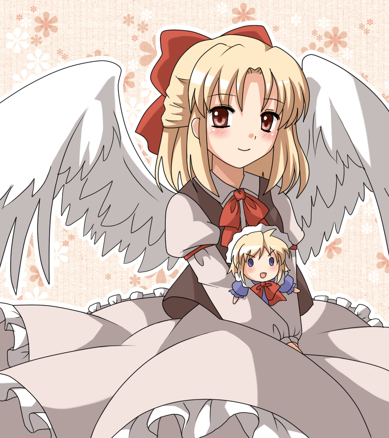 2girls angel_wings bangs blonde_hair blue_eyes blush bow bowtie brown_vest chibi closed_mouth collared_shirt commentary_request feathered_wings frilled_skirt frills fuyoyo gengetsu_(touhou) happy juliet_sleeves long_sleeves maid maid_headdress minigirl mugetsu_(touhou) multiple_girls open_mouth pink_skirt puffy_sleeves red_bow red_bowtie red_ribbon ribbon shirt short_hair siblings sisters skirt smile touhou touhou_(pc-98) v-shaped_eyebrows vest white_shirt white_wings wings yellow_eyes |_|