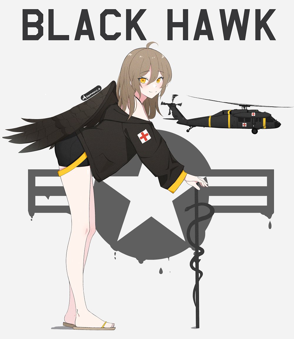 1girl aircraft artist_name atamonica brown_hair commentary cross english_commentary full_body helicopter long_hair looking_at_viewer military military_vehicle original personification red_cross sandals shorts smile solo uh-60_blackhawk united_states_army wings yellow_eyes