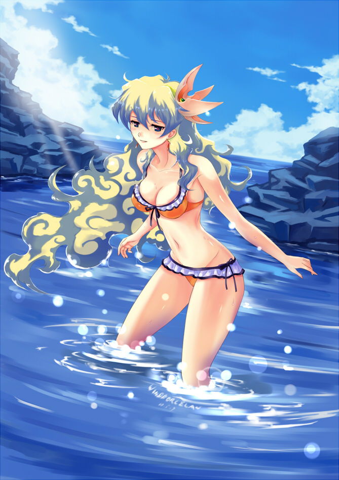 blonde_hair blue_eyes breasts cleavage cloud front-tie_top long_hair nia_teppelin side-tie_bikini sky solo submerged sunbeam sunlight swimsuit tengen_toppa_gurren_lagann wading water wavy_hair wet windforcelan