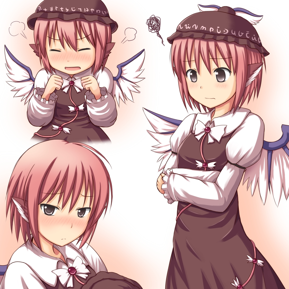 animal_ears black_eyes blush crossed_arms embarrassed expressions frown hat hat_removed headwear_removed mystia_lorelei phantom2071 pink_hair short_hair solo squiggle staring touhou wings