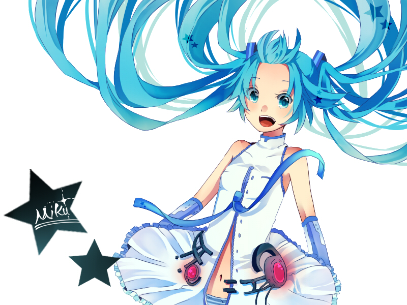 alternate_costume aqua_eyes aqua_hair bad_id detached_sleeves hatsune_miku hatsune_miku_(append) itamidome long_hair miku_append navel open_mouth simple_background solo twintails vocaloid vocaloid_append