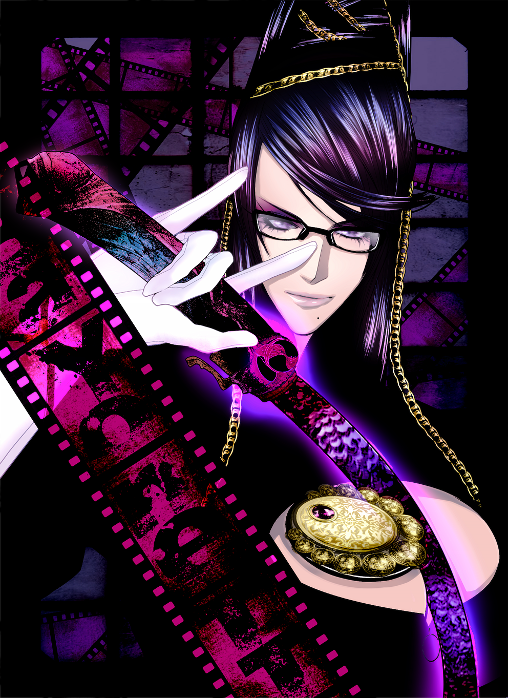 amulet bayonetta bayonetta_(character) black_hair bodysuit breasts cleavage cleavage_cutout eyeshadow glasses gloves hair_bun hair_ornament highres lamiu mascara mole solo violet_eyes weapon whip