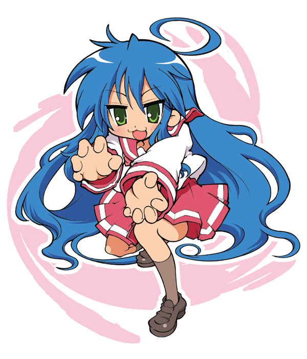 :3 ahoge blue_hair dragon_ball dragon_ball_z green_eyes izumi_konata kamehameha long_hair lucky_star pose school_uniform serafuku solo usuiken