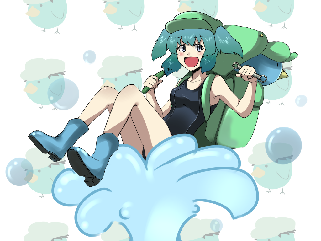 :d aqua_eyes aqua_hair backpack bag boots bubble cucumber hat kappa kawashiro_nitori one-piece_swimsuit open_mouth reon_(pixiv) reon_(saikyou) school_swimsuit short_hair smile solo swimsuit touhou twintails water wrench