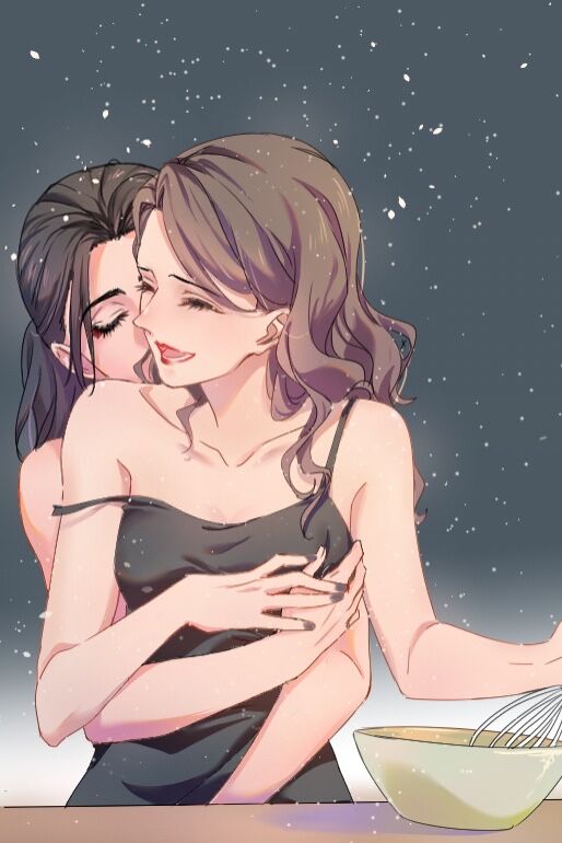 2girls :d ^_^ black_hair bowl brown_hair closed_eyes collarbone commentary hug hug_from_behind long_hair lunorafc multiple_girls open_mouth person_of_interest root_(person_of_interest) sameen_shaw_(person_of_interest) smile whisk yuri