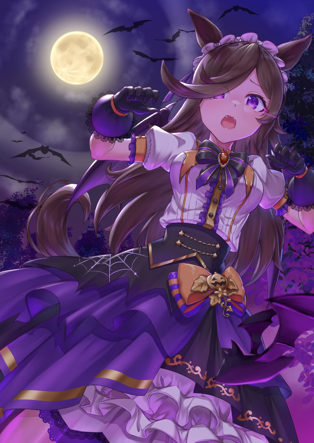 1girl animal_ears bat black_gloves black_hair blue_flower blue_rose bow bowtie brooch claw_pose clouds cloudy_sky collared_shirt commentary_request dutch_angle fangs flower frilled_hairband frilled_skirt frills frown full_moon gloves hair_flower hair_ornament hair_over_one_eye hairband halloween halloween_costume highres horse_ears horse_girl horse_tail jack-o'-lantern_ornament jewelry layered_skirt long_hair looking_at_viewer make_up_in_halloween!_(umamusume) matcha_lemon medium_skirt moon night night_sky open_mouth orange_bow outdoors partial_commentary puffy_short_sleeves puffy_sleeves purple_skirt rice_shower_(umamusume) rose shirt short_sleeves skirt sky solo standing star_(symbol) tail umamusume violet_eyes white_hairband white_shirt