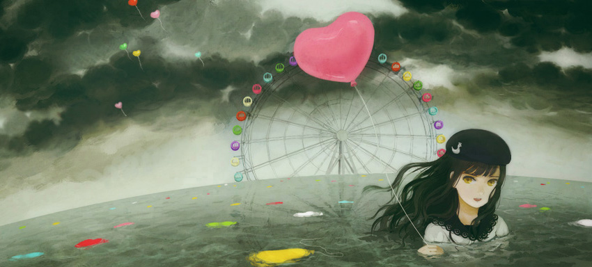 artist_request balloon beret black_hair cloud clouds ferris_wheel hat heart kirobaito long_hair ocean solo source_request water wet wet_clothes yellow_eyes