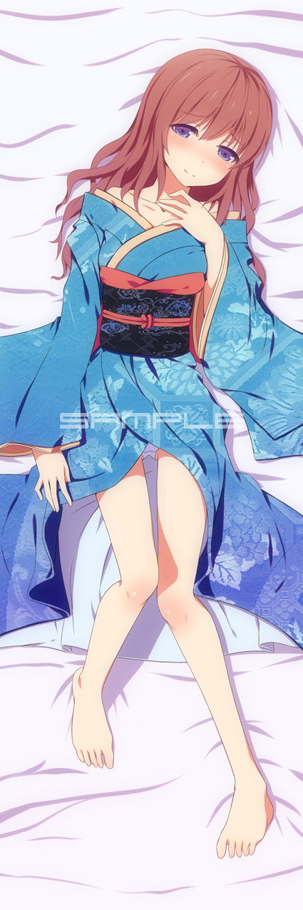 bed blue_eyes blush breasts brown_hair cleavage d2c dakimakura feet highres japanese_clothes kimono legs long_hair lying original sample smile solo