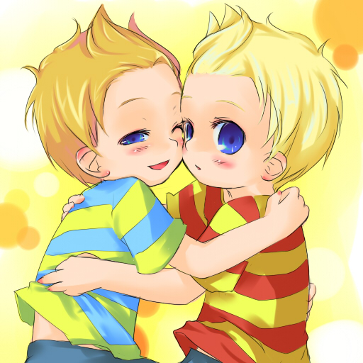 blue_eyes claus hakaze hug lucas male mother_(game) mother_3 nintendo orange_hair siblings smile twins wink