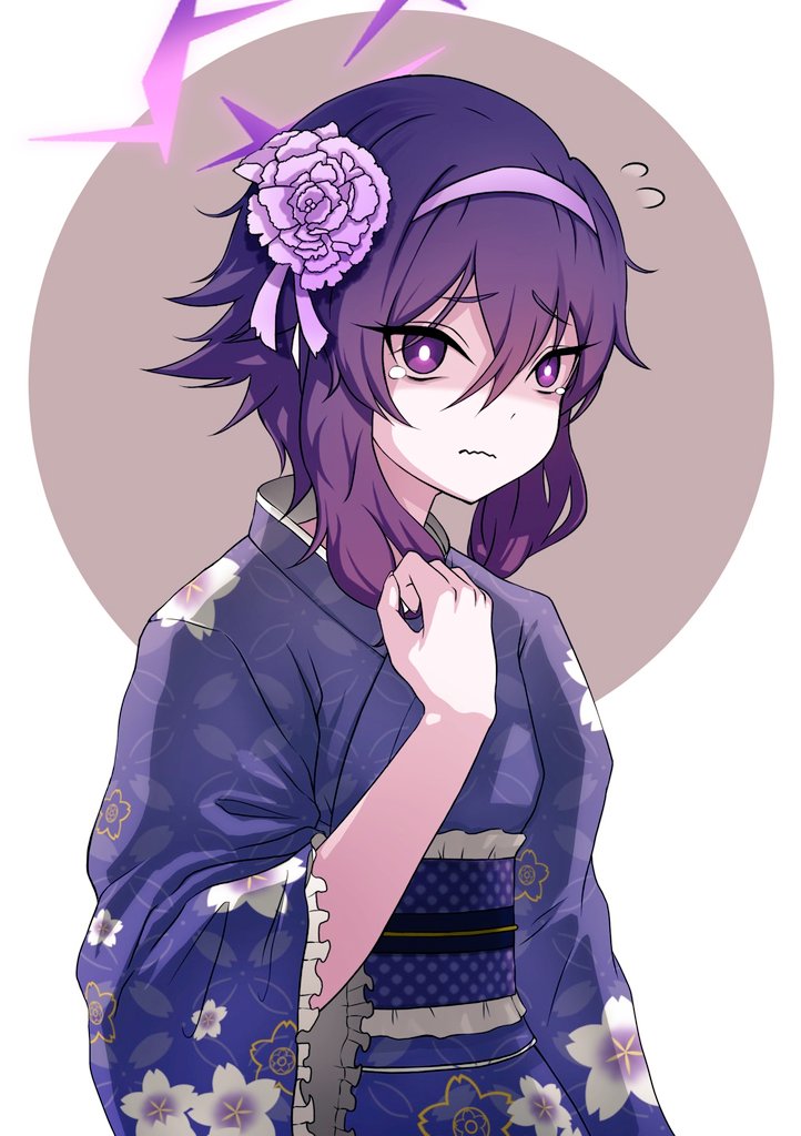 1girl bangs blue_archive blush closed_mouth floral_print flower frown hair_between_eyes hair_flower hair_ornament hairband halo haruka_(blue_archive) japanese_clothes kimono long_sleeves looking_at_viewer medium_hair purple_kimono raised_eyebrows shuvi1027 simple_background solo upper_body white_background yukata