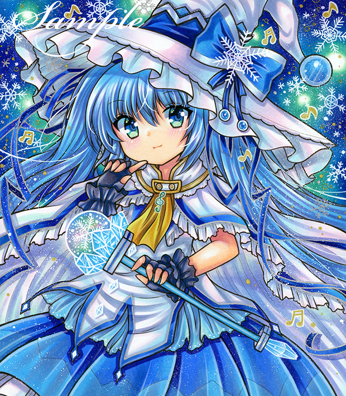 1girl ascot beamed_sixteenth_notes black_gloves blue_background blue_eyes blue_hair blue_ribbon blue_skirt blue_theme cape closed_mouth eighth_note eyebrows_visible_through_hair fingerless_gloves frilled_cape frilled_hat frilled_skirt frills gloves green_background hat hat_ribbon hatsune_miku holding holding_staff index_finger_raised large_hat looking_at_viewer marker_(medium) multicolored_background musical_note pleated_skirt ribbon rui_(sugar3) sample_watermark shirt skirt smile snowflake_background solo staff traditional_media treble_clef vocaloid white_cape white_headwear white_shirt witch_hat yellow_ascot yuki_miku yuki_miku_(2014)