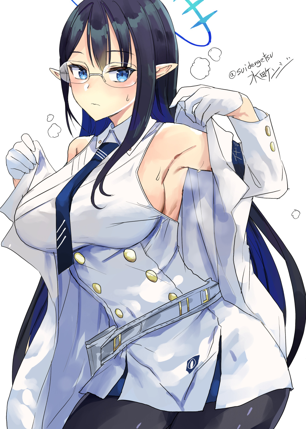 1girl armpits belt black_hair black_legwear blue_archive blue_eyes blue_hair blue_necktie breasts buttons closed_mouth collared_dress colored_inner_hair dress glasses gloves halo highres holster jacket large_breasts light_blush long_hair looking_at_viewer mizuta_kenji multicolored_hair necktie open_clothes open_jacket pantyhose pointy_ears removing_jacket rimless_eyewear rin_(blue_archive) simple_background sleeveless sleeveless_dress solo sweat twitter_username white_background white_dress white_gloves white_jacket