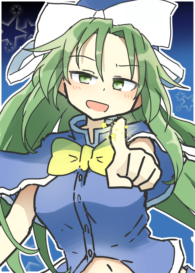 1girl blue_cape blue_headwear blue_vest blush bow bowtie breasts cape commentary_request green_eyes green_hair hat hat_bow long_hair matsu_kitsune medium_breasts midriff mima_(touhou) navel open_mouth pointing ribbon sleeveless touhou touhou_(pc-98) upper_body vest white_bow white_ribbon wizard_hat yellow_bow yellow_bowtie