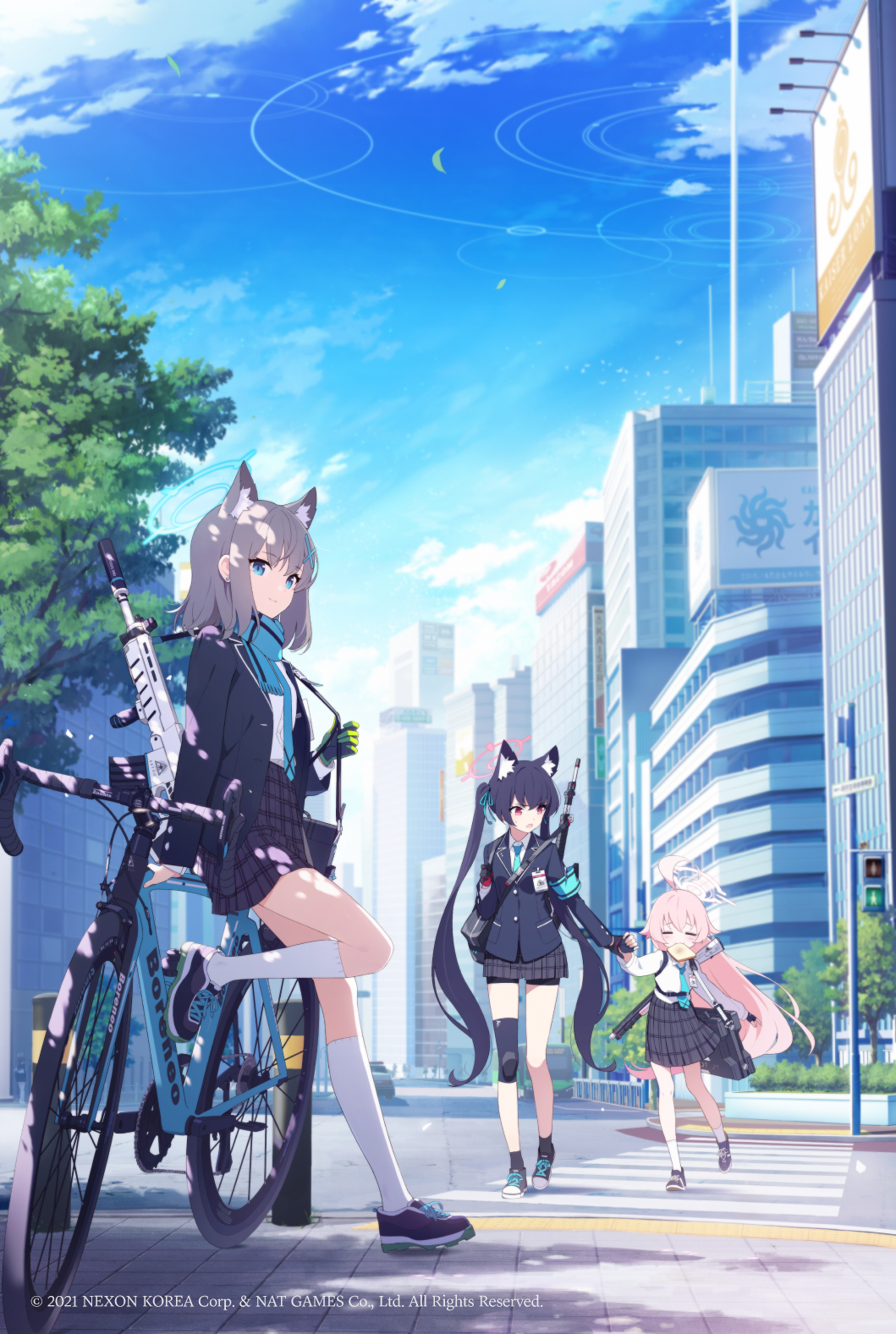 3girls =_= ahoge animal_ear_fluff animal_ears armband assault_rifle bag beretta_ar70 bicycle black_bag black_hair blazer blue_archive blue_eyes blue_necktie blue_ribbon blue_scarf cat_ears city closed_eyes clouds collared_shirt copyright_name cross_hair_ornament crosswalk doremi earrings food food_in_mouth gloves grey_skirt ground_vehicle gun hair_ornament hair_ribbon halo highres holding_hands hoshino_(blue_archive) id_card jacket jewelry long_hair long_sleeves mouth_hold multiple_girls necktie official_art open_clothes open_jacket pedestrian_crossing_sign pink_hair plaid plaid_skirt red_eyes ribbon rifle safety_pin scarf school_bag school_uniform serika_(blue_archive) shiroko_(blue_archive) shirt shirt_tucked_in shoes short_hair shotgun sig_sauer sig_sauer_556 skirt sky sneakers striped striped_scarf stud_earrings suitcase toast toast_in_mouth tree twintails very_long_hair walking weapon white_legwear white_shirt wolf_ears
