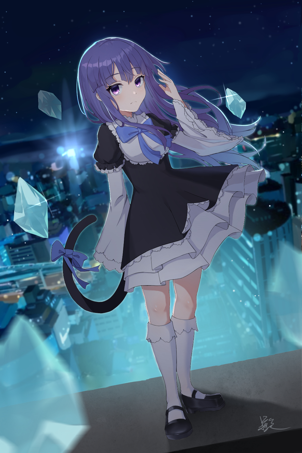 1girl bangs black_footwear blue_bow blue_bowtie blurry blurry_foreground bow bowtie cat_tail closed_mouth dutch_angle floating_hair frederica_bernkastel frilled_legwear full_body hair_between_eyes highres kneehighs layered_skirt layered_sleeves loafers long_hair long_sleeves night outdoors pleated_skirt purple_bow purple_hair rinfuyu_(user_evju4752) shiny shiny_hair shoes short_over_long_sleeves short_sleeves signature skirt solo standing tail tail_bow tail_ornament umineko_no_naku_koro_ni very_long_hair violet_eyes white_legwear white_skirt white_sleeves wide_sleeves