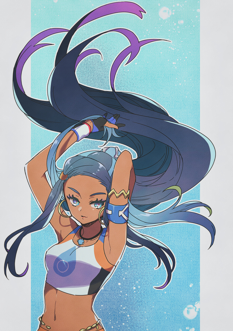 1girl arm_behind_head arm_up armlet belly_chain black_hair blue_eyes blue_hair closed_mouth collarbone commentary_request dark-skinned_female dark_skin dynamax_band earrings floating_hair gloves hair_bun hoop_earrings jewelry long_hair multicolored_hair navel nessa_(pokemon) partially_fingerless_gloves pokemon pokemon_(game) pokemon_swsh shiosaki_mato solo two-tone_hair upper_body