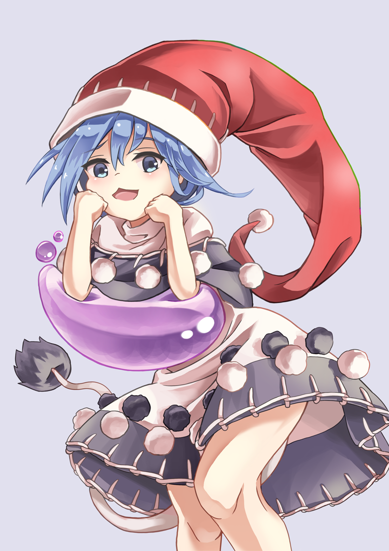 1girl :d arm_support bangs black_dress blob blue_eyes blue_hair doremy_sweet dream_soul dress feet_out_of_frame grey_background houshiruri looking_at_viewer multicolored_clothes multicolored_dress nightgown open_mouth pom_pom_(clothes) red_headwear short_hair simple_background smile solo tail tapir_tail touhou white_dress
