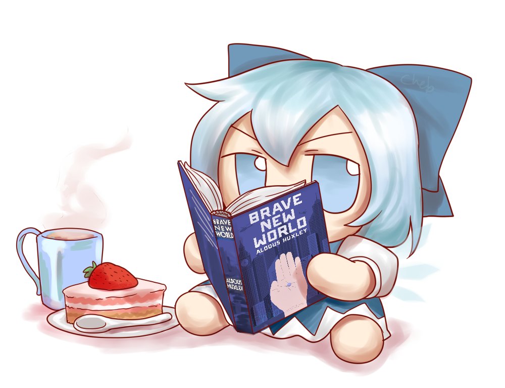 1girl blue_dress blue_eyes blue_hair book bow brave_new_world cake cirno coffee commentary cup dress english_commentary food fruit fumo_(doll) hair_bow ice ice_wings mug plate puffy_sleeves reading sitting skullchimes solo spoon strawberry touhou wings