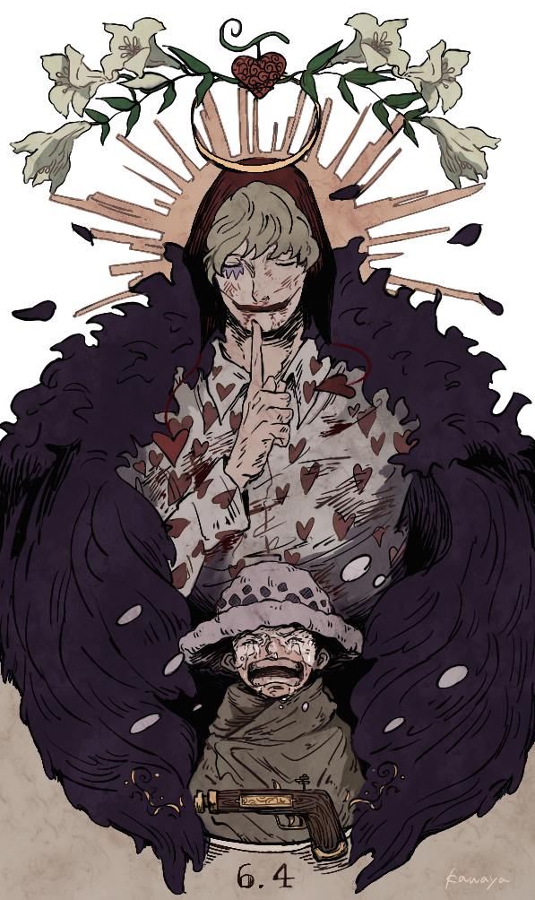 2boys asapbn cape child closed_eyes crying donquixote_rocinante facepaint finger_to_mouth fur_coat gun halo hat injury makeup male_focus multiple_boys one_piece shushing trafalgar_law weapon white_lily younger