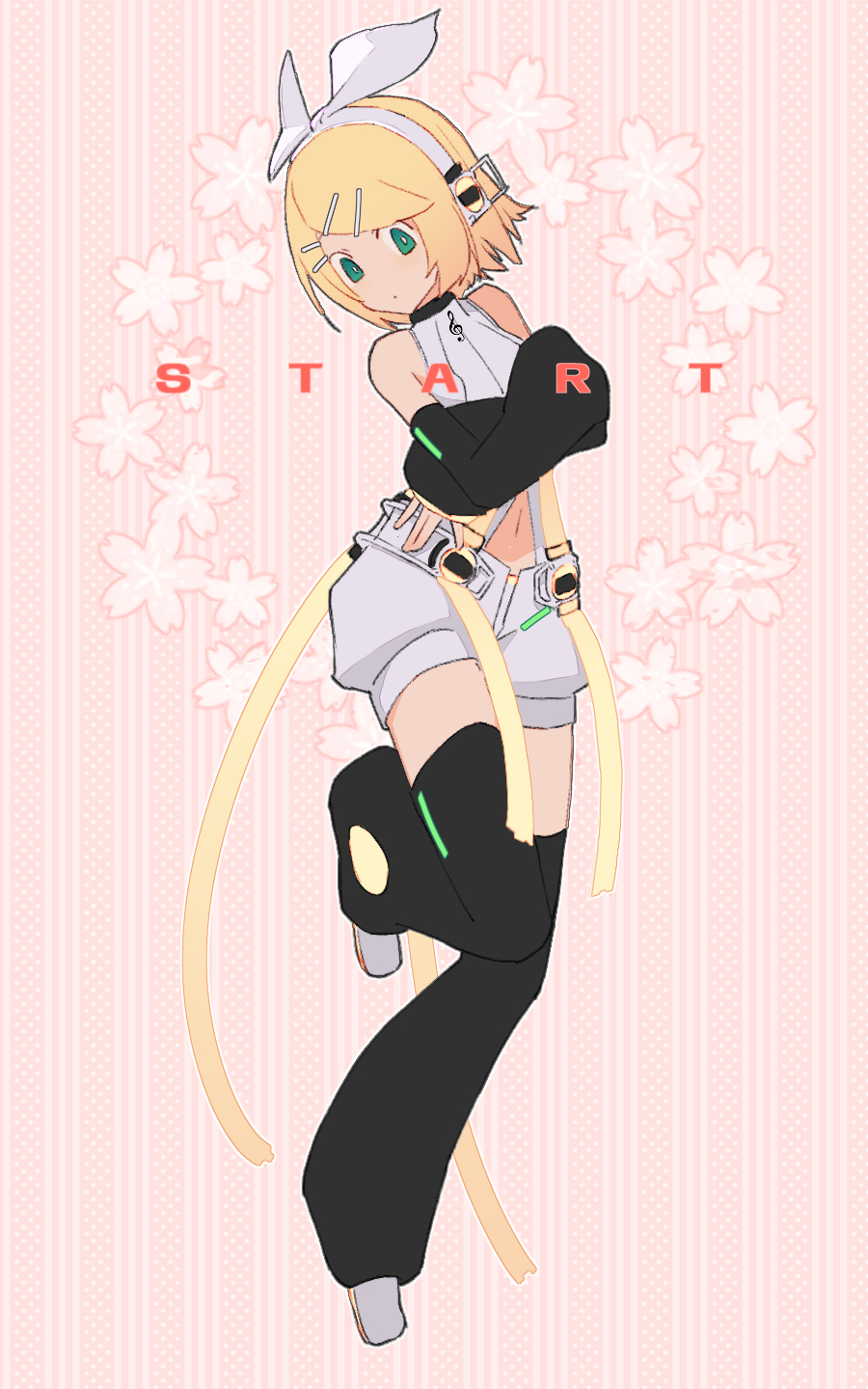 1girl bangs belt black_legwear black_sleeves blonde_hair bow cherry_blossoms commentary crossed_arms d_futagosaikyou detached_sleeves dot_mouth floral_background full_body green_eyes hair_bow hair_ornament hairclip headphones highres kagamine_rin kagamine_rin_(append) leg_up looking_down midriff navel pendant_choker pink_background shirt short_hair short_shorts shorts sleeveless sleeveless_shirt solo standing standing_on_one_leg swept_bangs symbol-only_commentary thigh-highs treble_clef vocaloid vocaloid_append white_bow white_shirt white_shorts