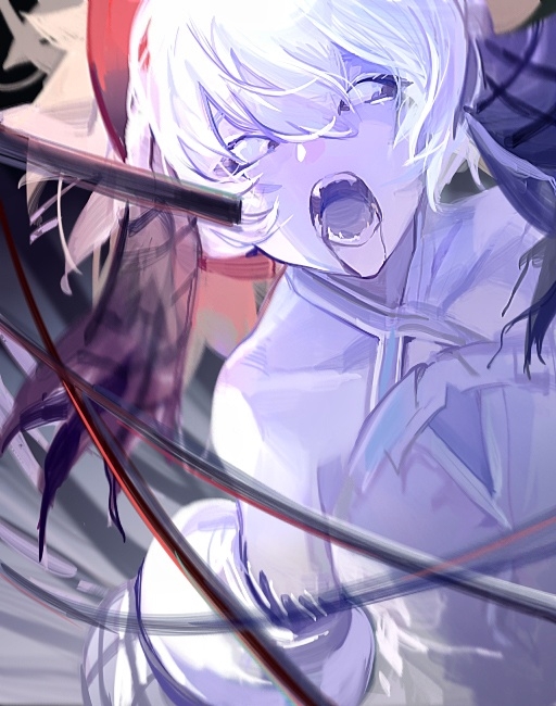 1girl black_sclera blue_pupils clothing_cutout collarbone colored_sclera covered_collarbone eyebrows_visible_through_hair fangs fate/grand_order fate_(series) grey_eyes hair_between_eyes open_mouth qing_yu saliva short_hair sketch slit_pupils solo tongue van_gogh_(fate) white_hair
