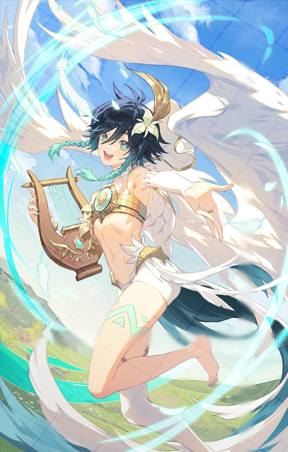 1boy angel_wings armpits barefoot blue_hair blue_sky braid crop_top day feathers feet full_body genshin_impact gradient_hair green_eyes harp highres instrument looking_at_viewer male_focus midriff multicolored_hair open_mouth otoko_no_ko outstretched_arm qilu_xunhua shorts single_thighhigh sky thigh-highs toes twin_braids two-tone_hair venti_(genshin_impact) white_legwear white_shorts wings