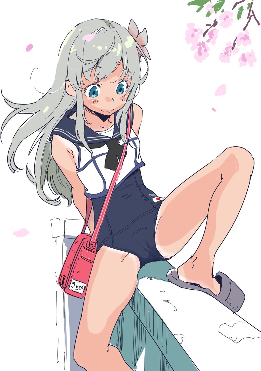 1girl bag bangs blue_eyes blue_sailor_collar blush branch cherry_blossoms closed_mouth eyebrows_visible_through_hair flower grey_hair hair_flower hair_ornament highres jinkai_yamizawa kantai_collection long_hair one-piece_swimsuit one-piece_tan petals pink_flower railing ro-500_(kancolle) sailor_collar simple_background slippers smile solo swimsuit swimsuit_under_clothes tan tanlines white_background