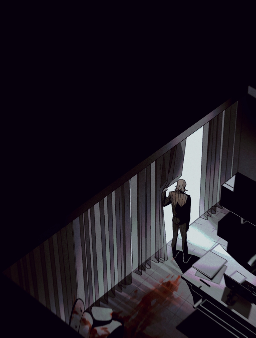 1boy blood blood_stain curtain_grab curtains dark desk formal from_above hunter_x_hunter implied_murder indoors iolite1018 male_focus pariston_hill solo standing suit