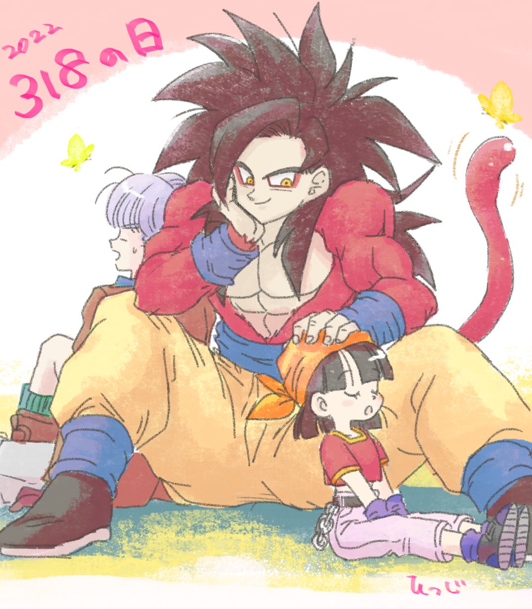 bandana black_hair body_fur chain denim dragon_ball dragon_ball_gt gloves grandfather_and_granddaughter highres jeans mayoi_meemee monkey_boy monkey_tail muscular muscular_male orange_bandana pan_(dragon_ball) pants purple_hair red_fur saiyan son_goku spiky_hair super_saiyan super_saiyan_4 tail trunks_(dragon_ball) yellow_eyes