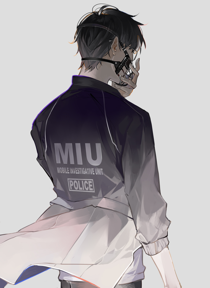 1boy black_hair black_jacket character_name character_request clothes_writing from_behind glasses grey_background hand_on_mask hand_up jacket male_focus miu404 muzzle shirt short_hair suyako_(suya93) upper_body white_shirt wind wind_lift