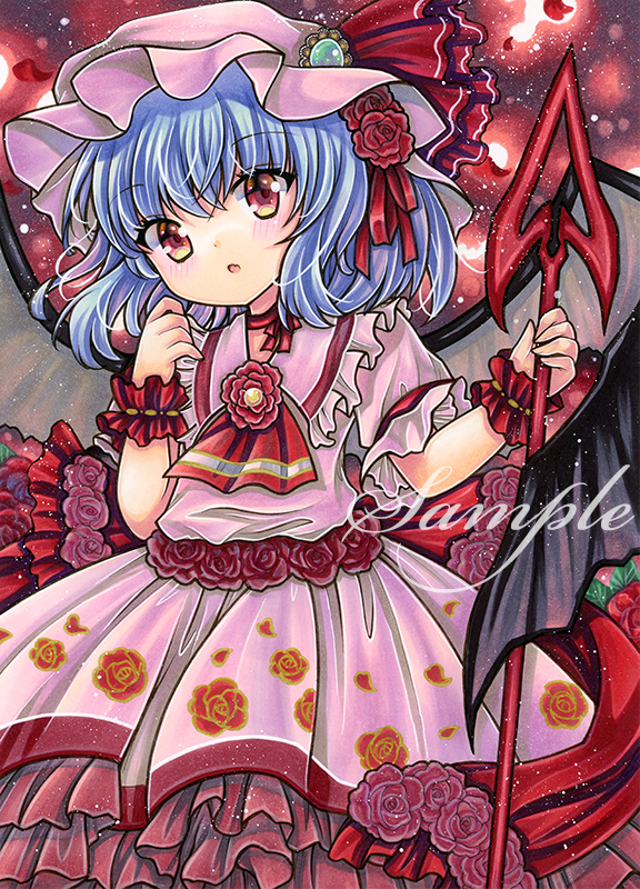 1girl :o ascot back_bow bat_wings black_wings blue_hair bow brooch collared_shirt commentary_request eyebrows_visible_through_hair floral_print flower frilled_shirt_collar frilled_skirt frilled_sleeves frills green_brooch hat hat_ribbon head_tilt holding holding_polearm holding_weapon jewelry looking_at_viewer marker_(medium) mob_cap neck_ribbon open_mouth pink_headwear pink_shirt pink_skirt polearm print_skirt red_ascot red_background red_bow red_eyes red_flower red_ribbon red_rose red_wrist_cuffs remilia_scarlet ribbon rose rose_print rui_(sugar3) sample_watermark shirt short_hair short_sleeves skirt solo spear_the_gungnir touhou traditional_media weapon wings wrist_cuffs