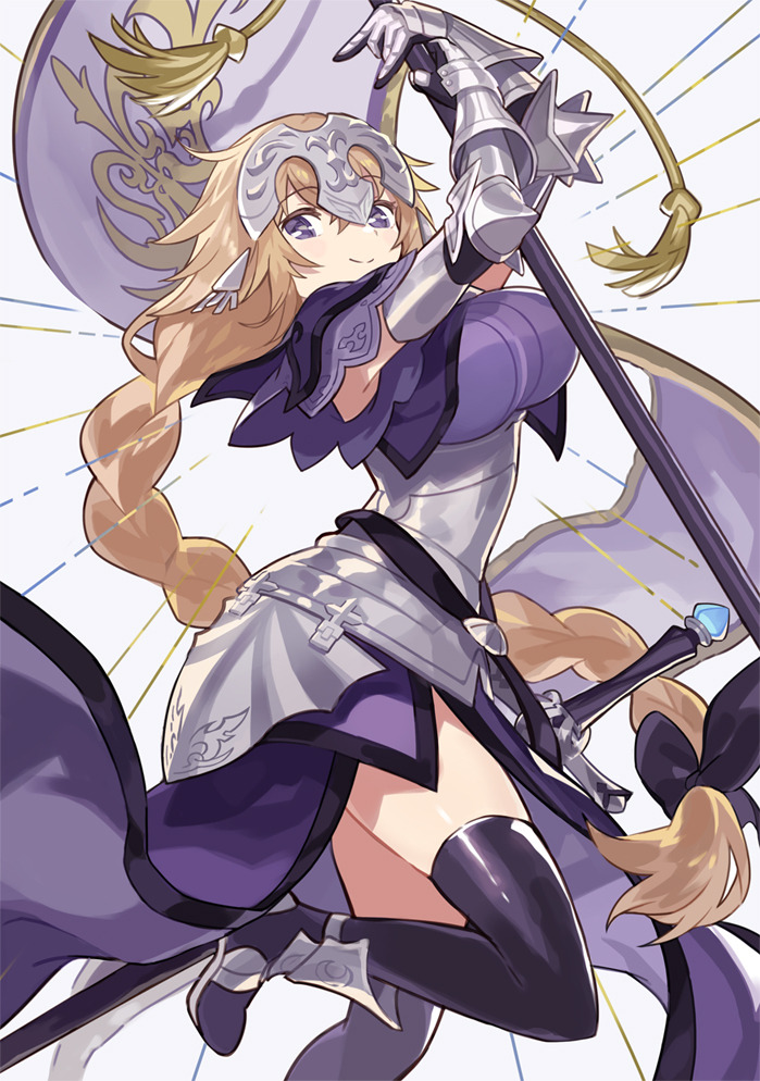 1girl ahoge armor armored_dress bangs black_legwear blonde_hair blue_eyes bow braid breasts commentary_request eyebrows_visible_through_hair fate/apocrypha fate/grand_order fate_(series) flag flagpole gauntlets hair_between_eyes hair_bow headpiece holding holding_weapon jeanne_d'arc_(fate) jeanne_d'arc_(fate/apocrypha) jumping kanyoko_(yuzukano_17) large_breasts long_braid long_hair looking_at_viewer partial_commentary polearm purple_bow single_braid smile solo sword thigh-highs thighs very_long_hair violet_eyes weapon