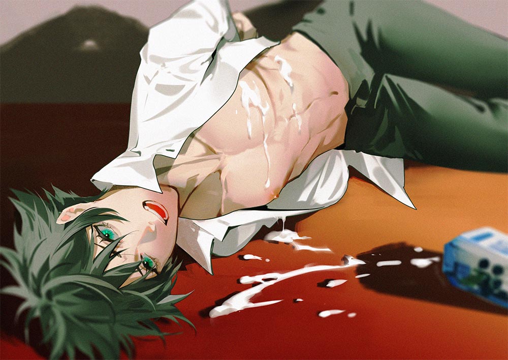 1boy abs arms_behind_back bangs black_hair black_pants collared_shirt embarrassed food_on_body fushiguro_megumi genii green_eyes hair_between_eyes jujutsu_kaisen looking_back lying male_focus milk milk_carton navel nipples open_clothes open_mouth open_shirt pants parted_lips pectorals shadow shirt short_hair solo toned toned_male white_shirt