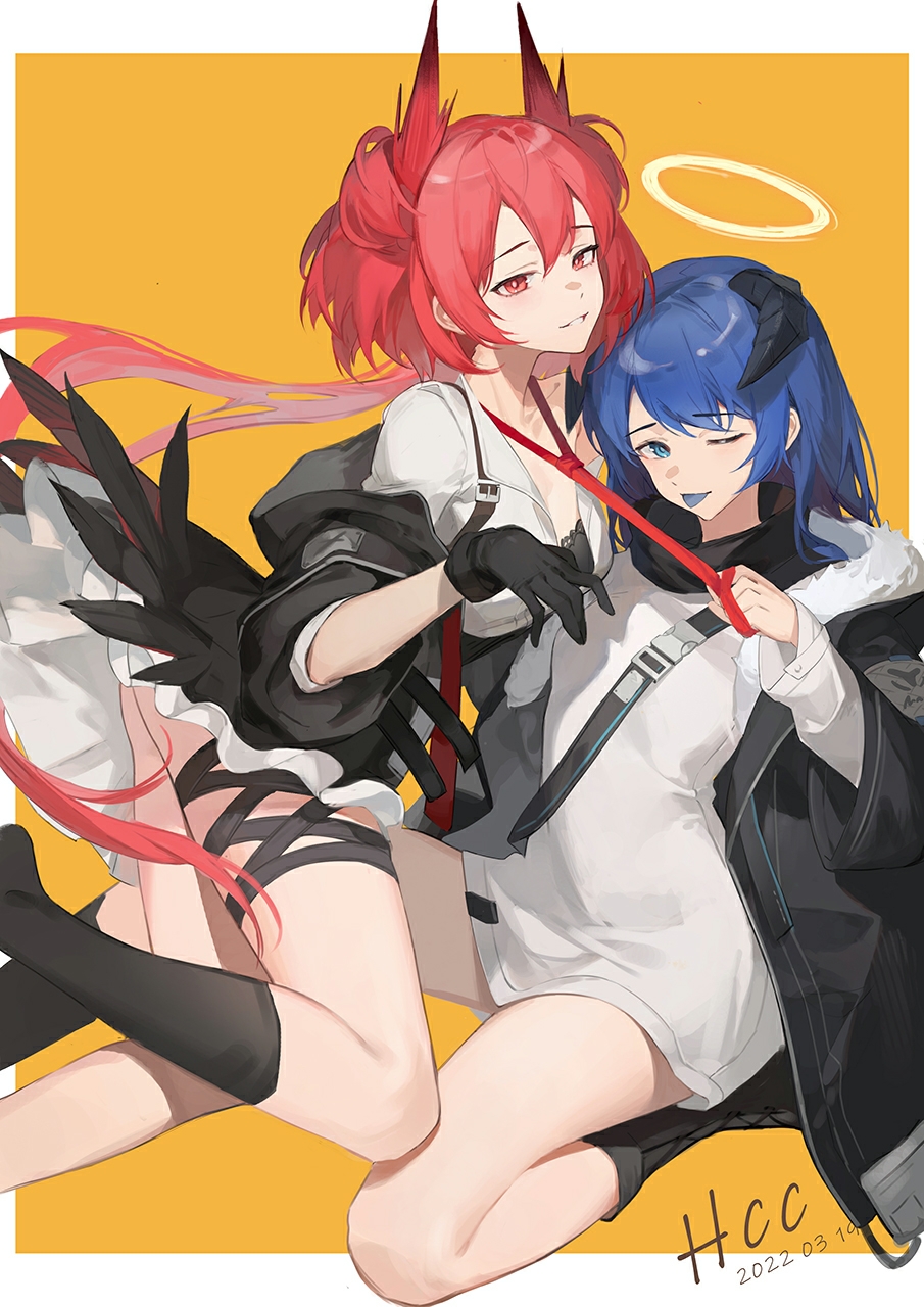 2girls ;p animal_ears arknights artist_name bird_ears bird_girl bird_tail black_bra black_footwear black_legwear black_scarf blue_eyes blue_hair blue_tongue boots border bra collared_shirt colored_tongue dated demon_horns eyebrows_visible_through_hair fiammetta_(arknights) hair_between_eyes halo haocong33 highres horns jacket long_hair looking_at_viewer mostima_(arknights) multiple_girls necktie necktie_grab neckwear_grab off_shoulder one_eye_closed open_clothes open_jacket orange_background outside_border parted_lips red_eyes red_necktie redhead scarf shirt short_hair simple_background sitting socks tail thigh_strap tongue tongue_out unbuttoned underwear white_border white_shirt yuri