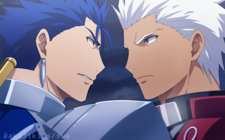 2boys akujiki59 archer_(fate) artist_name blue_hair cloak collared_shirt cu_chulainn_(fate) cu_chulainn_(fate/stay_night) dark-skinned_male dark_skin ear_piercing earrings fate/stay_night fate_(series) grey_eyes jewelry long_hair looking_at_another male_focus manly multiple_boys piercing ponytail red_cloak red_eyes serious shirt shoulder_pads spiky_hair twitter_username white_hair